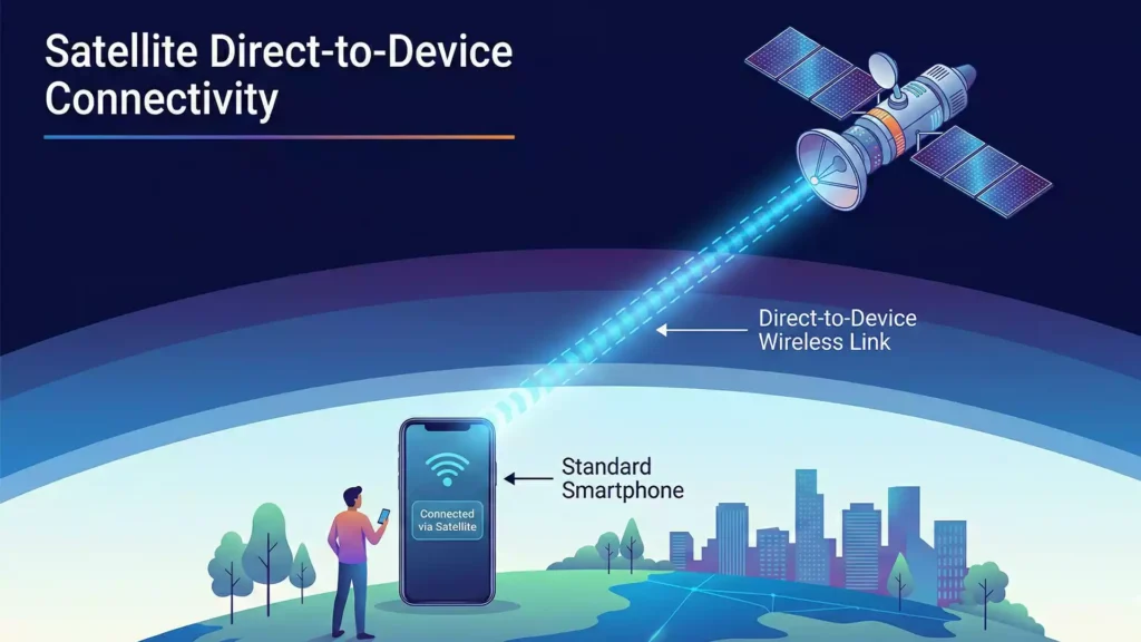Diagram illustrating how Satellite Direct-to-Device connectivity links orbiting satellites to standard smartphones on Earth