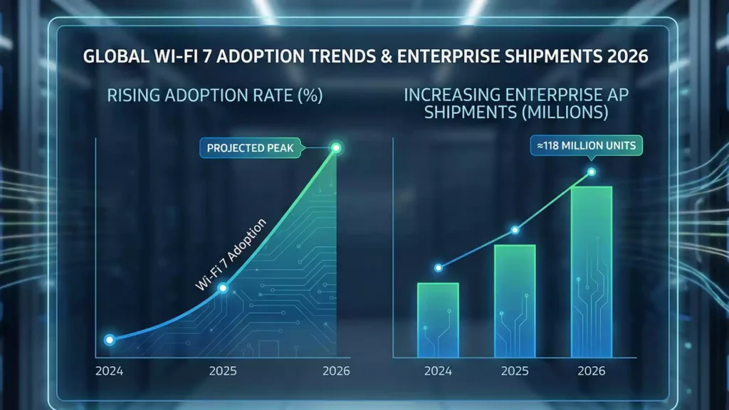 Graph displaying rising Wi-Fi 7 adoption trends 2026 and increasing enterprise access point shipments worldwide