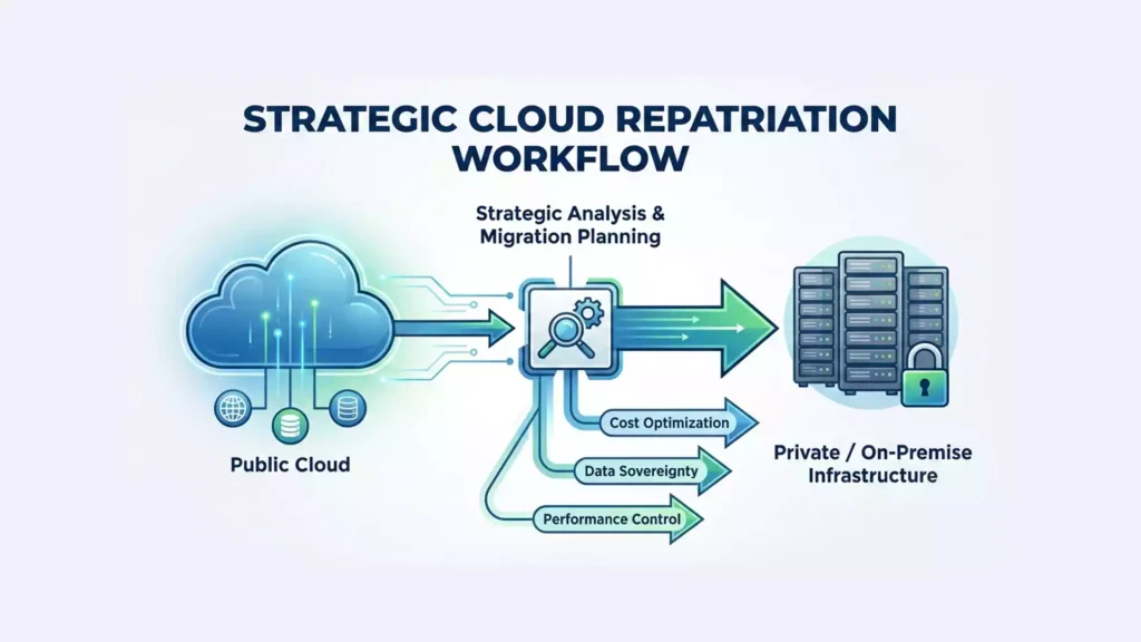 Diagram showing a strategic cloud repatriation workflow from public to private servers.
