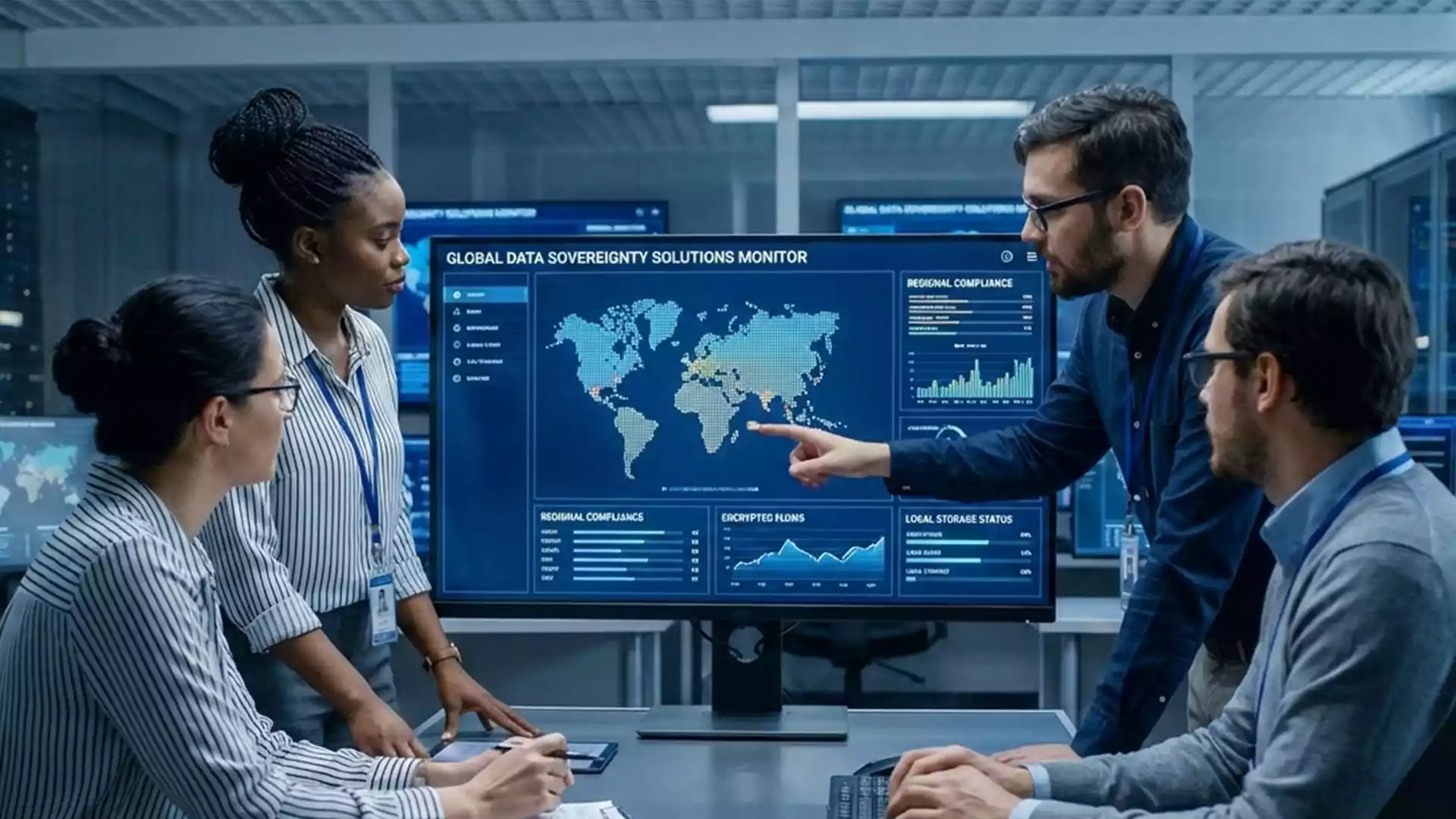 IT team analyzing data sovereignty solutions on a secure dashboard