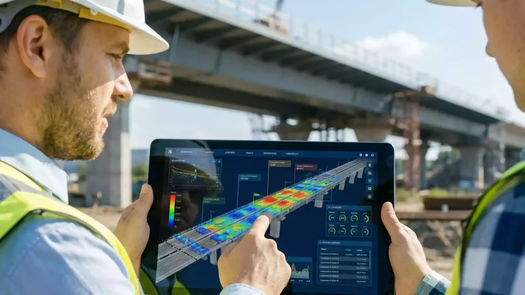 Professional using geospatial digital twins for infrastructure resilience on a tablet.