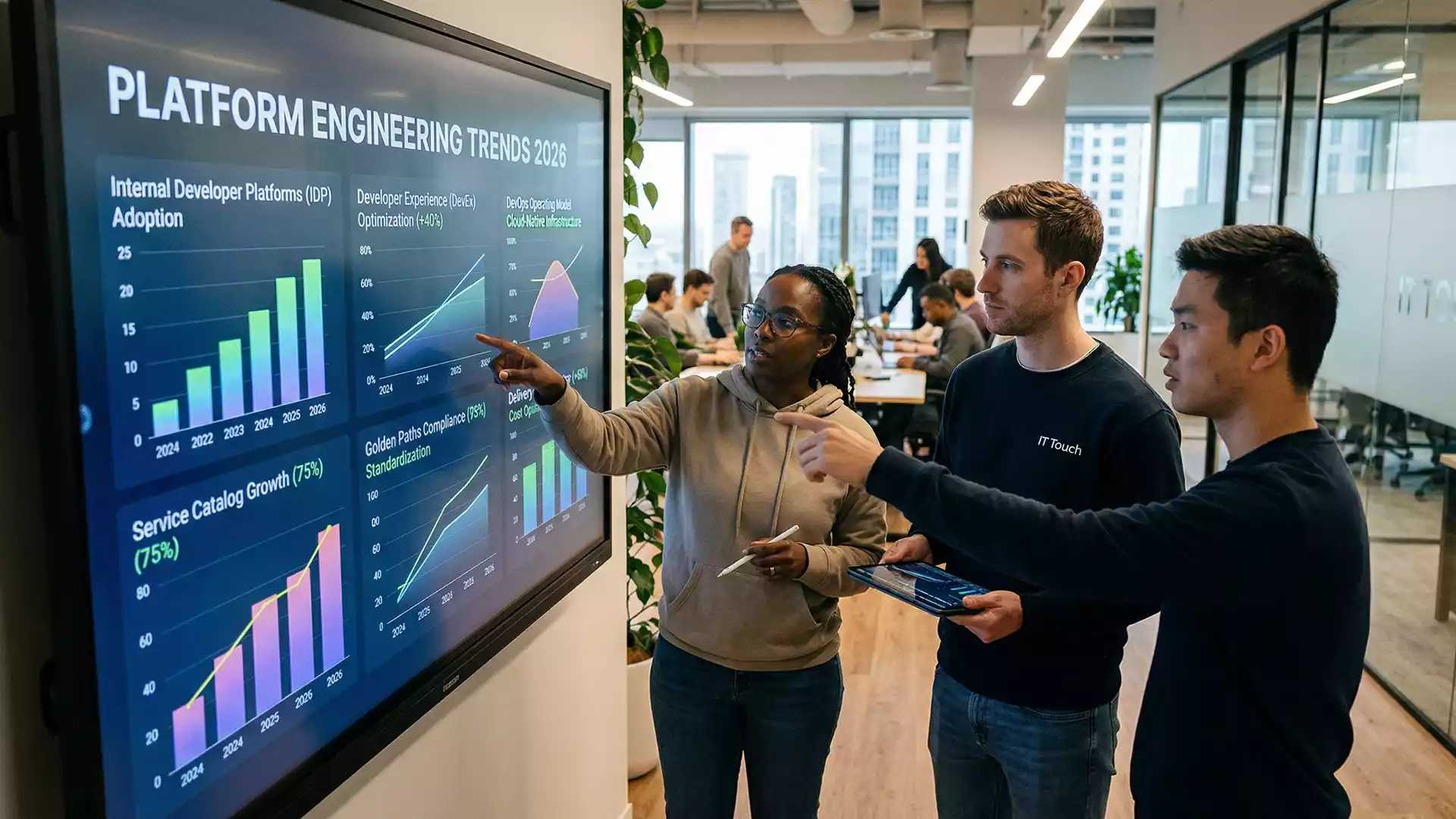 Developers analyzing platform engineering trends 2026 on a digital dashboard