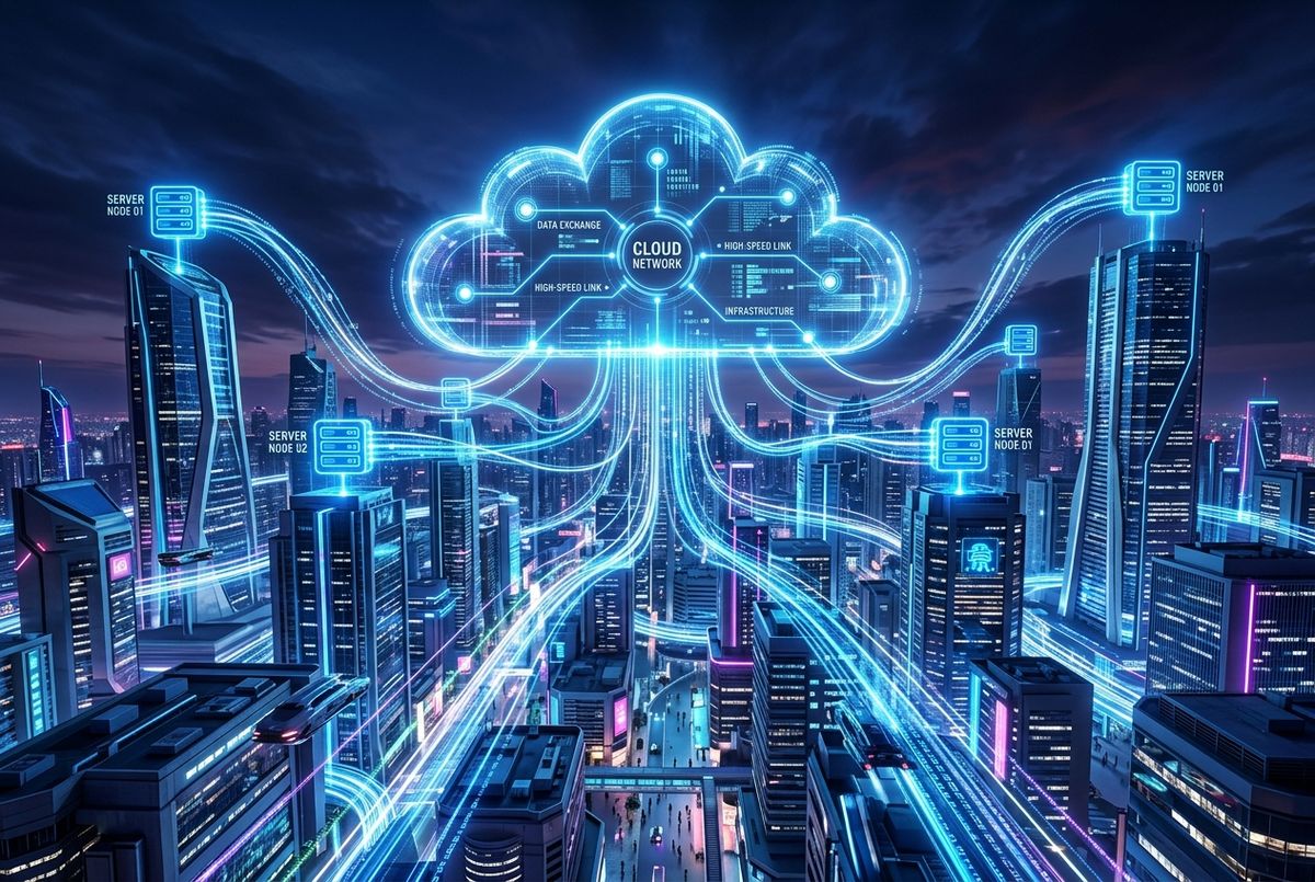 Futuristic digital cloud computing network connecting modern business skyscrapers with glowing data streams.