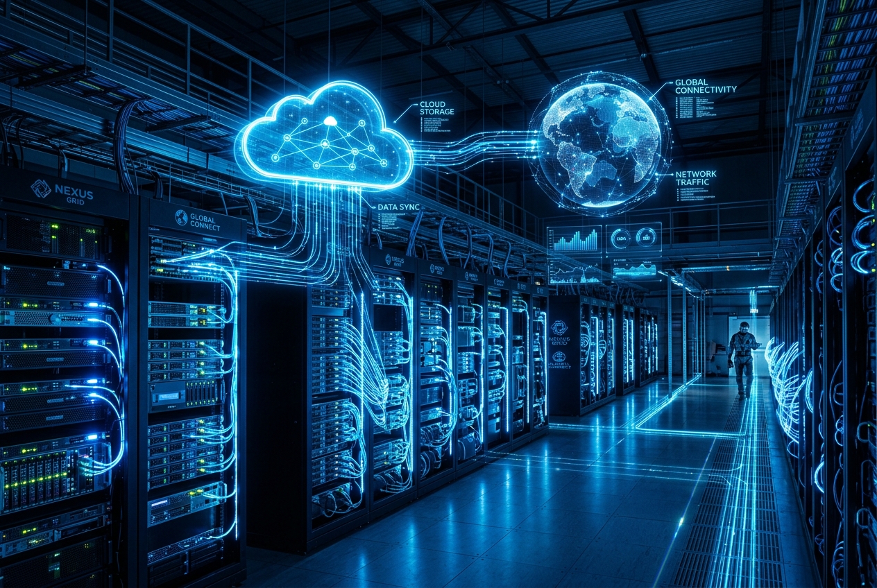 High-tech data center showing Scalable Internet Services and cloud storage connectivity.