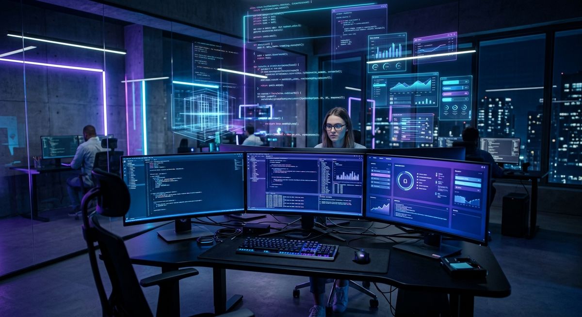 A professional developer working on complex software coding projects in a modern digital environment.