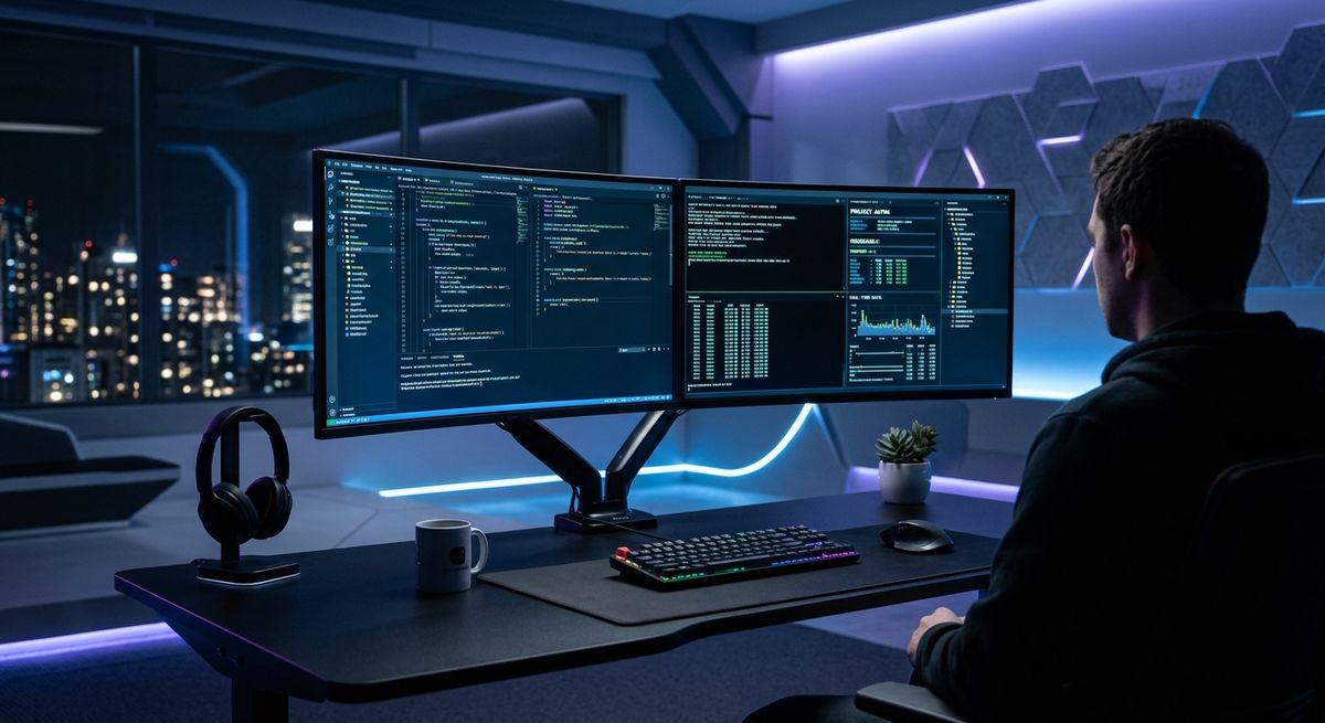 Professional software developer working on clean code at a modern workstation.