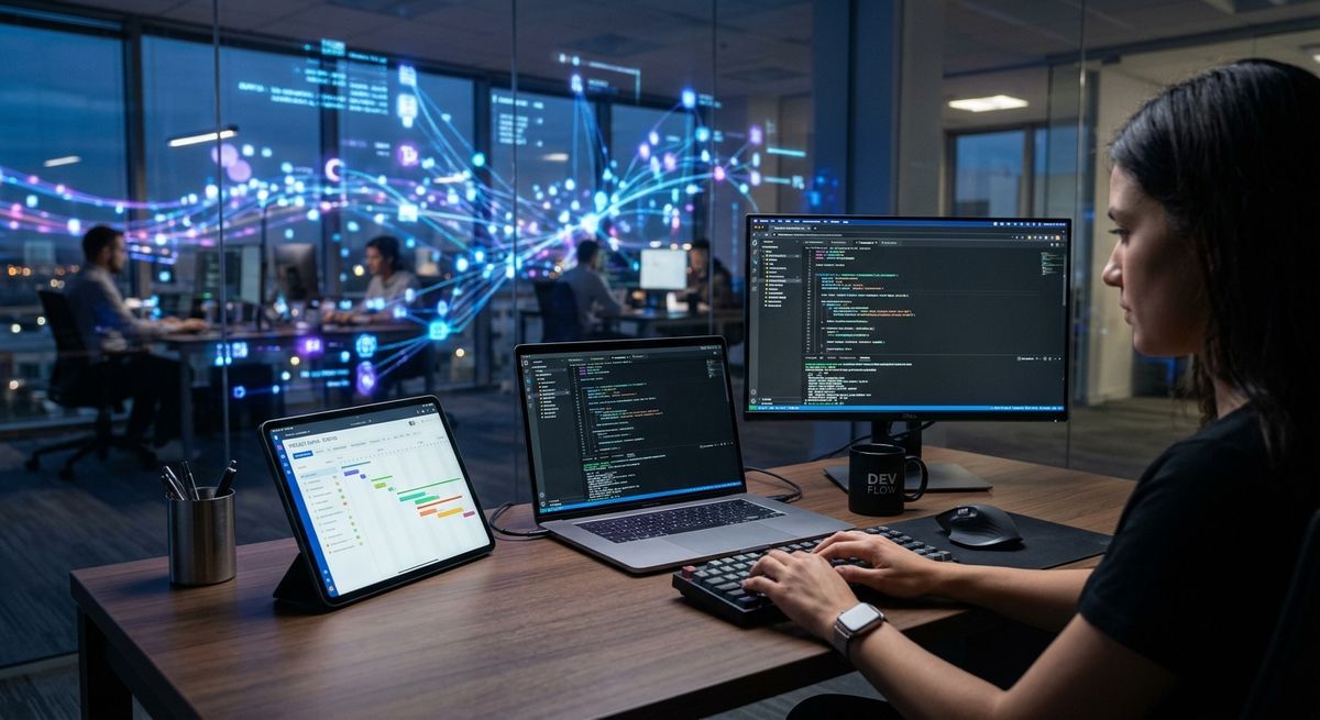 Professional software developer working on complex custom application engineering projects in a modern office.