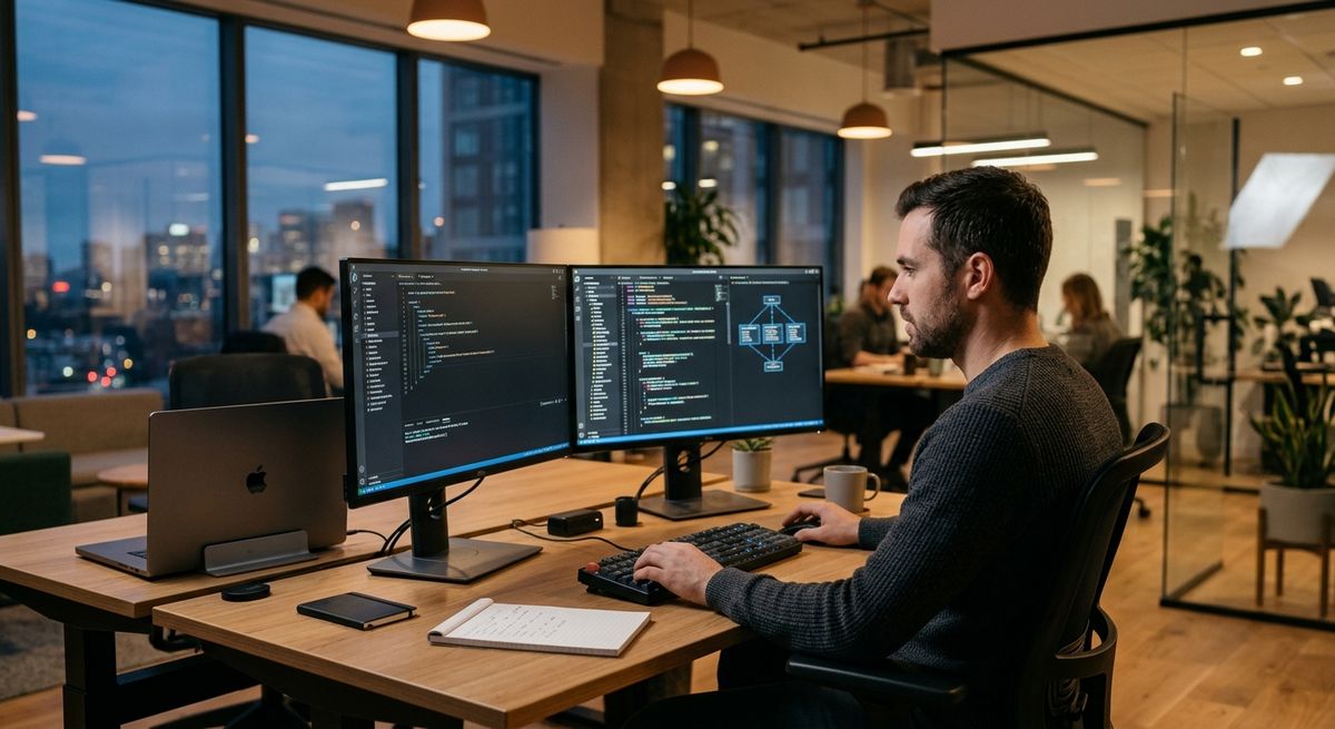 Professional software engineer working on modern code architecture in a high-tech office setting.