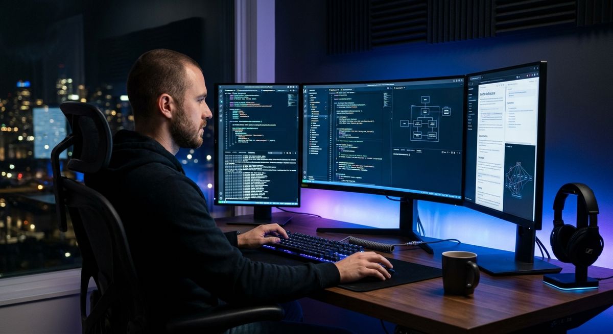 Professional software development environment with multiple monitors displaying code for custom programming solutions.