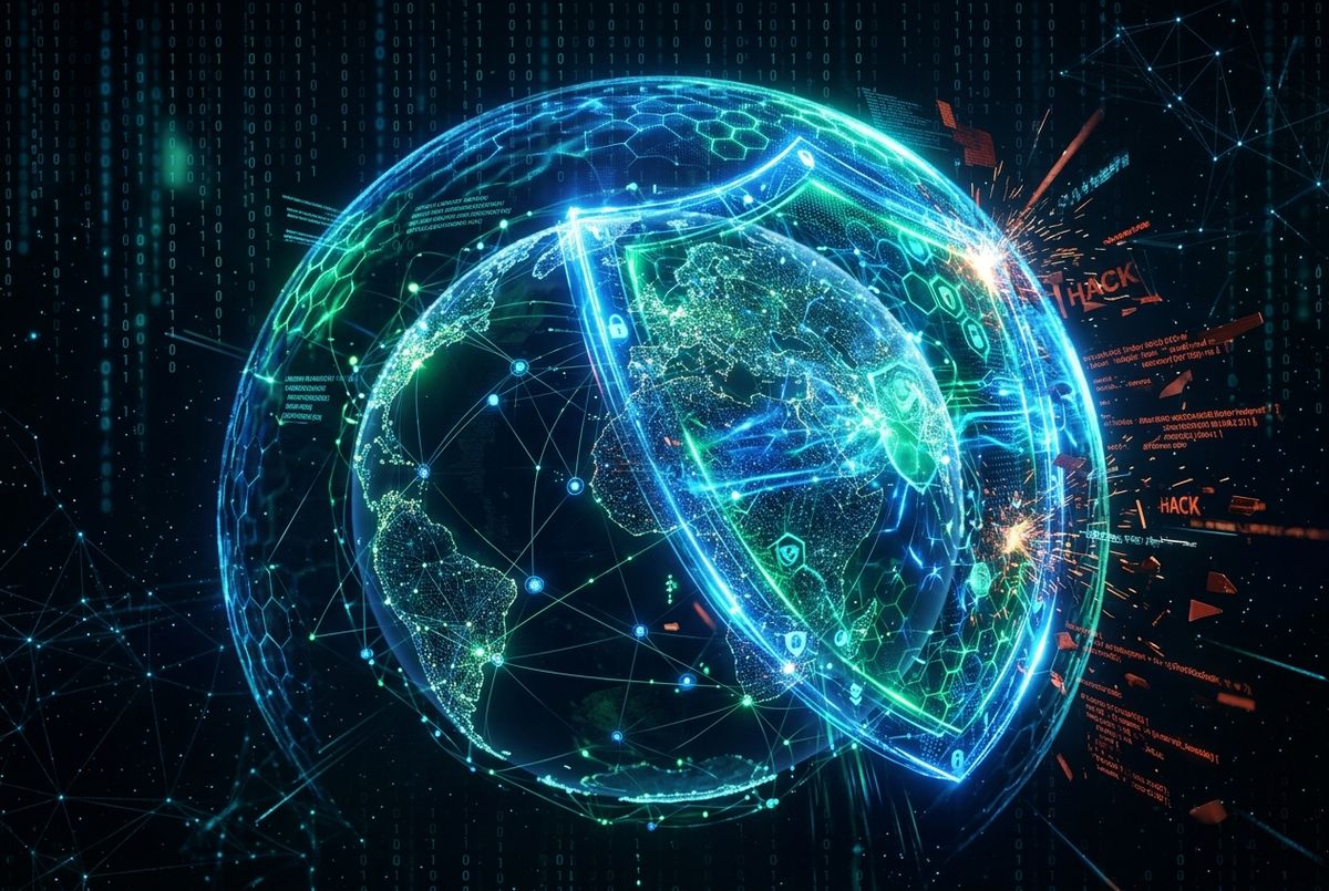 Digital shield icon representing robust business safety and network protection strategies.