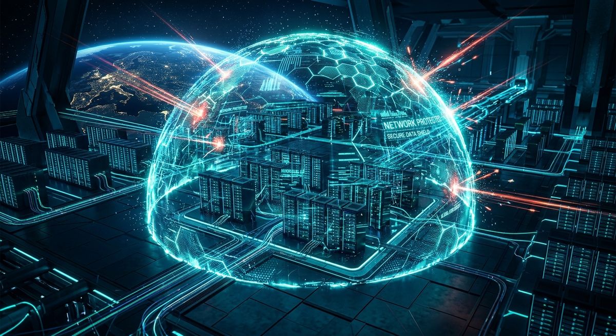 Digital shield icon protecting a server network representing Cyber Security