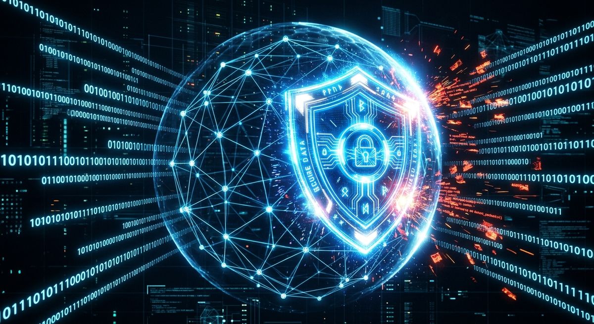 Conceptual representation of a digital shield protecting a global business network from cyber threats.