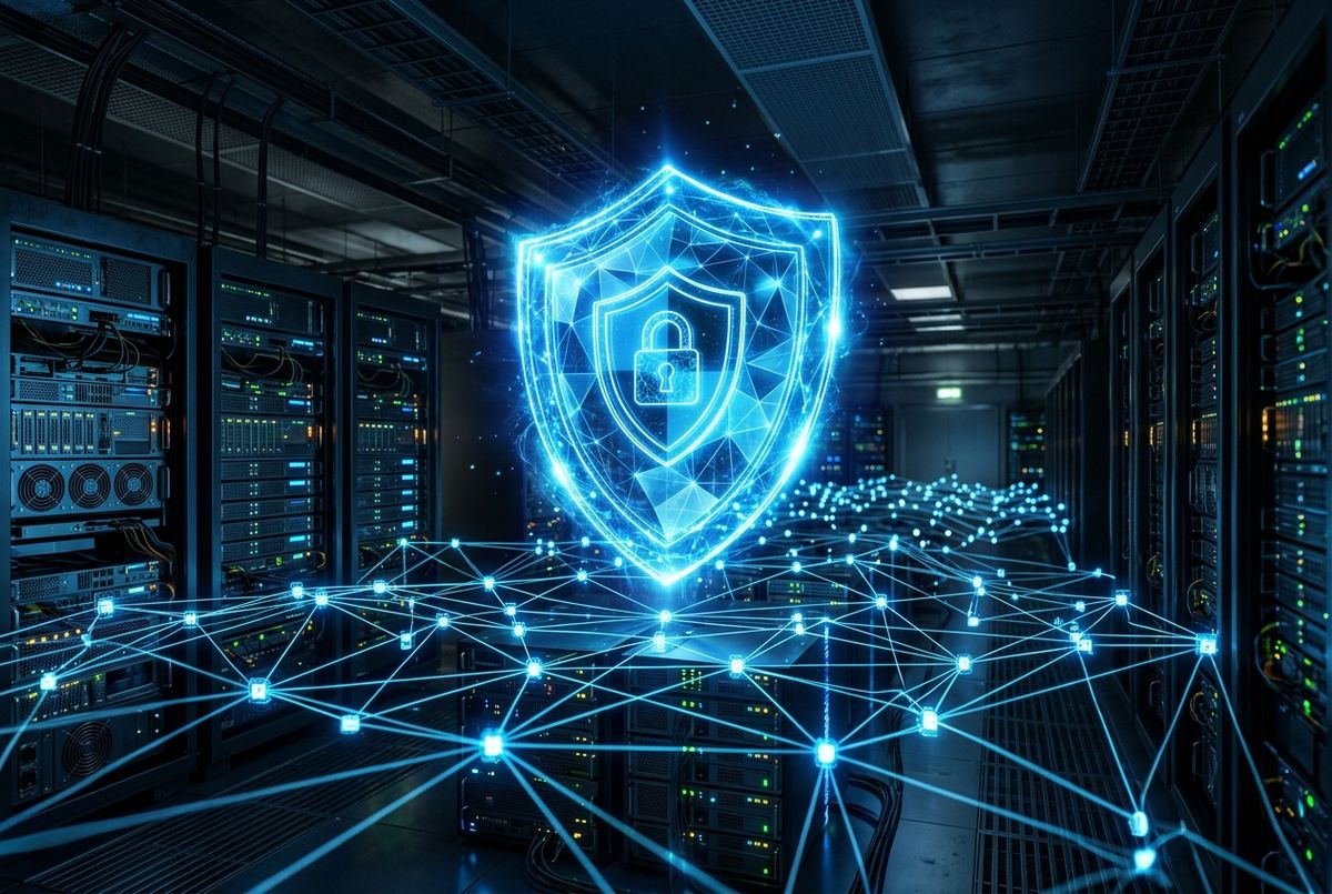 Conceptual image illustrating digital data protection and secure network infrastructure for businesses.
