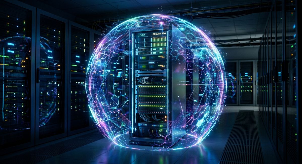 Digital Data Protection Strategies visualization showing a glowing shield over server racks.
