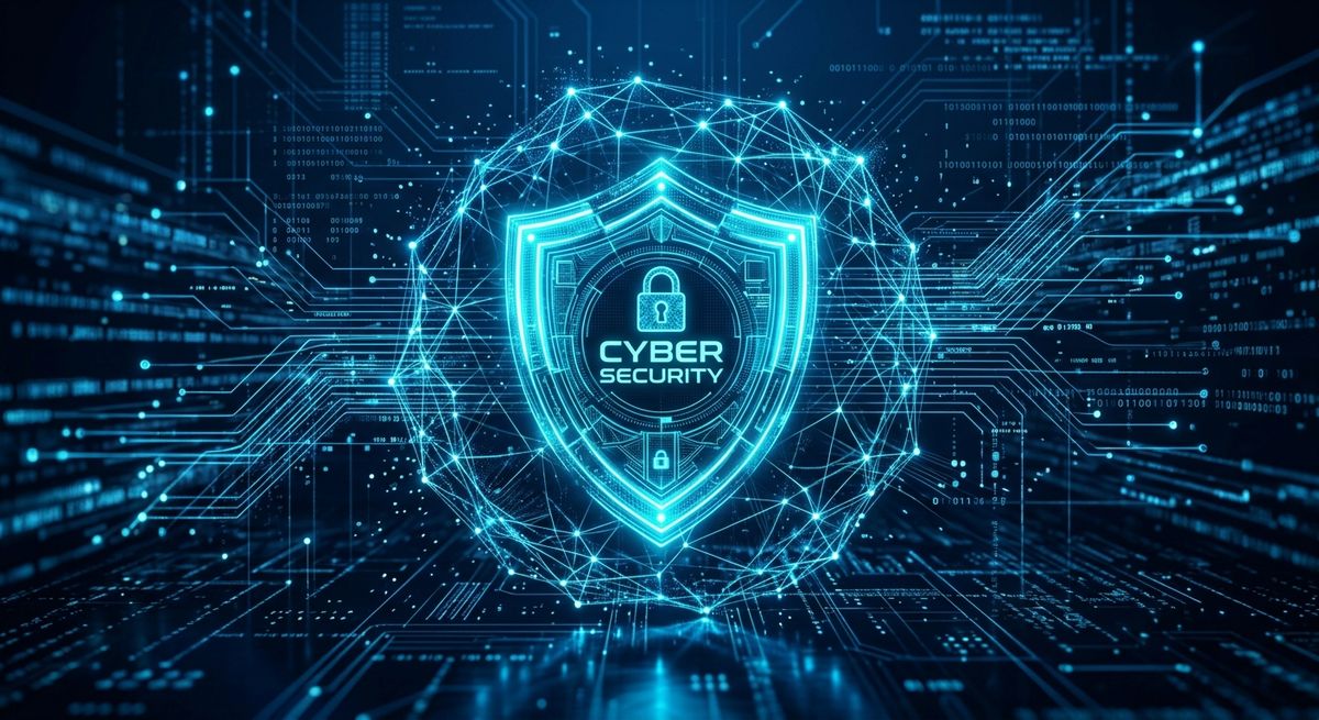 Digital shield icon protecting abstract data network representing modern enterprise protection