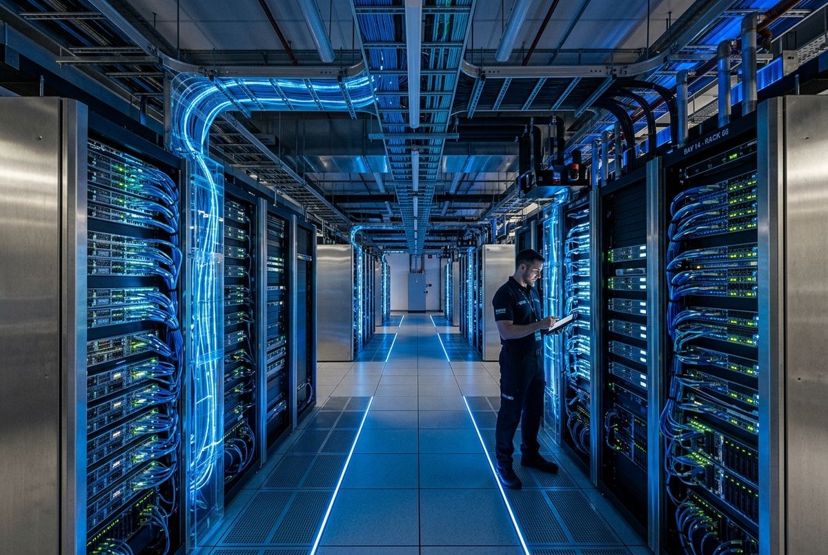 Advanced server racks and fiber optic connectivity representing expert network solutions.