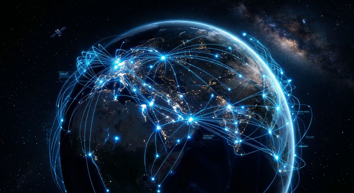 Abstract digital network visualization representing high-speed connectivity and data infrastructure.