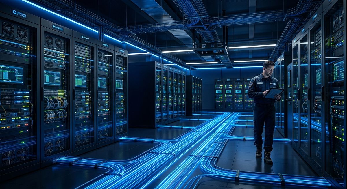 Advanced network connectivity infrastructure and server racks managed by professional IT solutions.